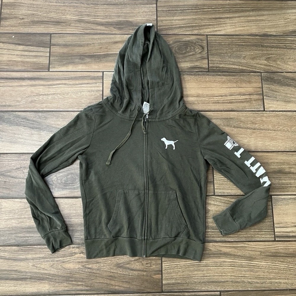 PINK Victoria Secret Womens Hoodie Full Zip Green Logo Size Small Casual